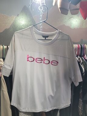 bebe White Tee with Pink Logo Center